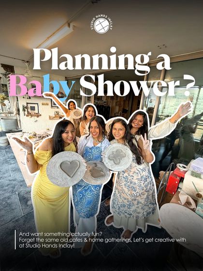 This promotional image asks "Planning a Baby Shower?" and shows a group of friends, including a mom-to-be, joyfully displaying their clay creations.