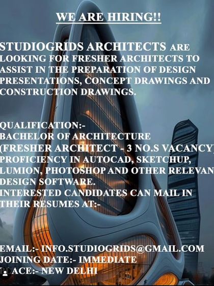 StudioGrids Architects in New Delhi is hiring a Fresher Architect.