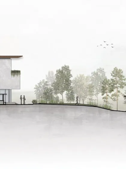 An early architectural section drawing for the Alibaug estate. This concept sketch illustrates our approach to integrating the restored buildings with the natural contours and existing trees on the property, creating a fluid mix of old and new.