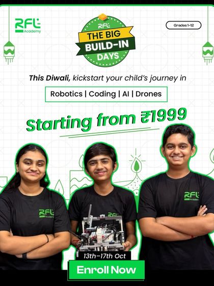 Our Diwali Camp is back. This poster announces our 5-day camp where students can kickstart their journey in robotics, coding, AI, and drones.