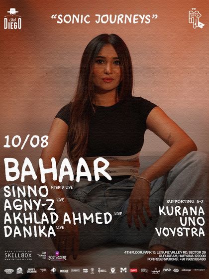 The poster for a 'Sonic Journeys' night at Club Diego in Gurgaon. I love playing with a diverse lineup of live and hybrid artists, creating a unique musical journey.