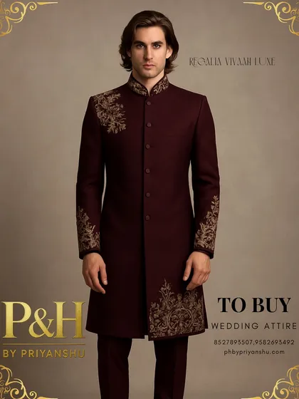 The full silhouette of the wine-colored Indo-Western suit, showing its elegant drape and tailored fit. It is paired with matching trousers for a complete, cohesive look.