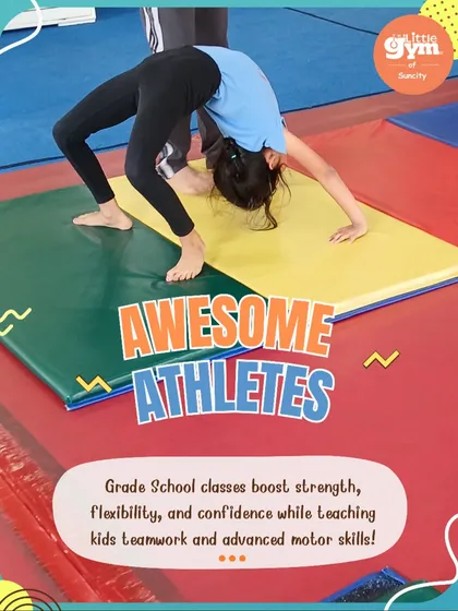 As kids get older, our grade school classes introduce more advanced motor skills and gymnastics techniques. This young athlete is mastering a backbend, building flexibility and body awareness.
