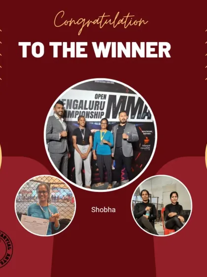 We are immensely proud of our female fighters. Here, our student Shobha stands on the winner's podium after securing a medal at the Open Bengaluru MMA Championship. Our women's boxing and combat sports programs are designed to build confidence, strength, and self-defense skills.