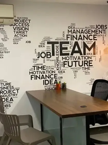 For this corporate office, I designed a custom wall mural featuring a world map made from motivational words related to teamwork, finance, and vision. It’s a sophisticated and inspiring way to reinforce company culture and create a focal point in a modern workspace.