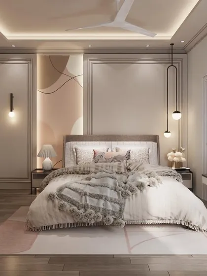 A bedroom that is a study in textures and soft tones. The design features a flowing wallpaper design, a cozy bed, and an arched vanity mirror, creating a serene and feminine space.