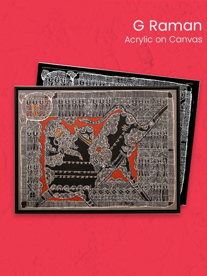 G Raman's intricate acrylic on canvas, with its folk-inspired motifs and bold palette, is a highlight of our exhibition celebrating artists from Tamil Nadu.