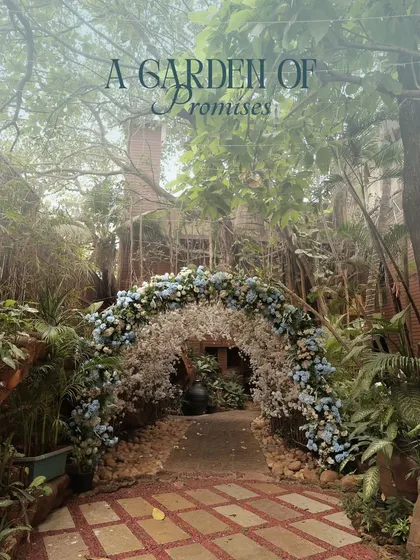 I designed this enchanting "Garden of Promises" entrance for a dreamy brunch event. The pathway, framed by a rustic arch of white and pastel blue florals, created a serene and romantic welcome for the couple and their guests.