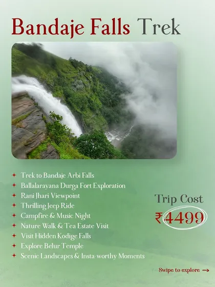 Our Bandaje Falls trek package, priced at ₹4499. This graphic lists all the exciting inclusions like the fort exploration and jeep ride.