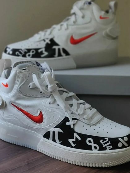 A unique pair for a math lover, featuring Pi and other mathematical symbols on a pair of Nike Air Force 1 Utilitys.