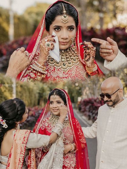 A collage of emotional moments, showing the bride shedding a tear and being comforted by her family during her Vidai.
