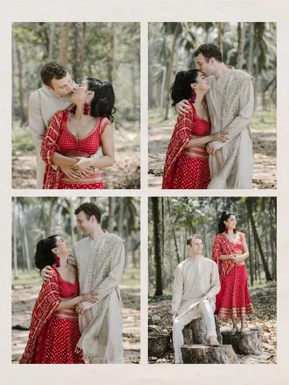 A collage of love from a beachside pre-wedding shoot. These four frames showcase the couple's playful and romantic chemistry, from shared laughs to loving gazes.
