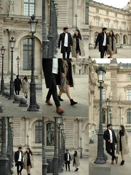 A collage capturing a walk along a Parisian street. The repetition of the lampposts creates a strong visual rhythm, leading the eye through the couple's journey.