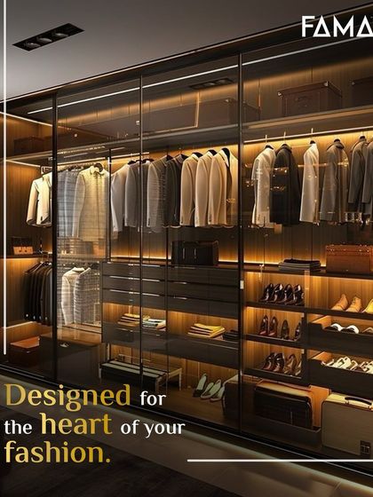 We design for the heart of your fashion. This wardrobe features illuminated hanging rods and shoe shelves, turning your collection into a beautifully lit display. The sliding glass doors keep everything protected while offering a glimpse of the style within.