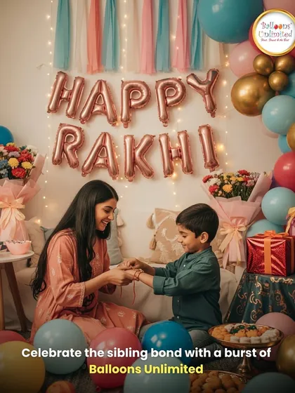 Celebrate the special bond between siblings this Raksha Bandhan. We created this cozy and festive setup with "Happy Rakhi" foil balloons and a colorful arrangement, perfect for capturing beautiful family moments.