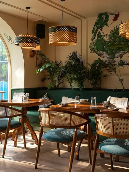 For this vibrant cafe space, I designed and built these mid-century modern dining chairs with natural cane weaving and teal upholstered seats. The solid wood chairs are paired with custom dining tables, creating a cohesive and inviting atmosphere for patrons.