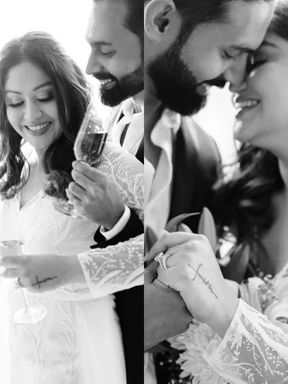 A diptych of close-up, happy moments. These black and white images focus on the smiles, the clinking of champagne glasses, and the detailed tattoo, capturing the joy of a celebration.