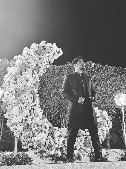 A black and white photo from a Sangeet I hosted at Courtyard by Marriott. The beautiful decor provided a perfect backdrop for a memorable night.