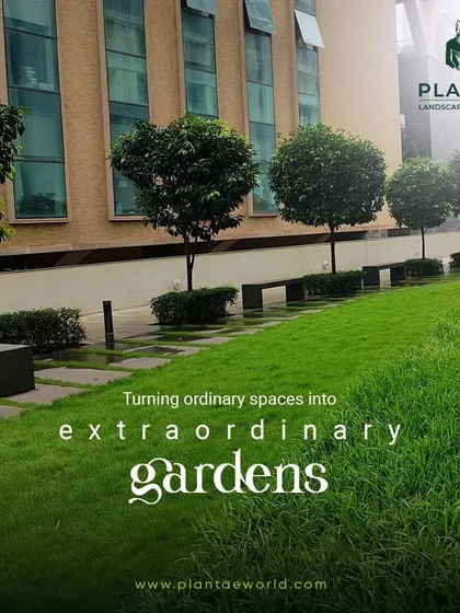 Our work extends to commercial properties, where we create clean, structured, and inviting green spaces. This project showcases a well-manicured lawn with neatly shaped trees and integrated seating, enhancing the building's exterior and providing a pleasant environment for employees and visitors.