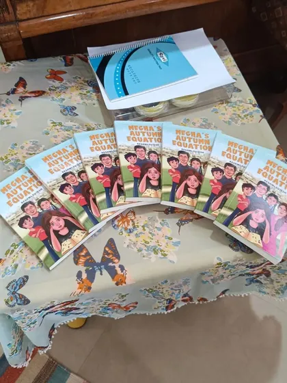 We also feature books by visiting authors. Here are copies of "Megha's Autumn Equation" ready for a special author reading session.