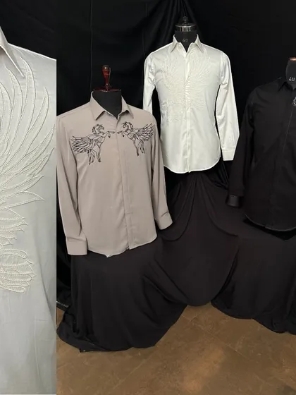 A collage of my bold embroidered shirt collection, showcasing the soaring eagle, winged horses, and other abstract patterns. There is a statement piece for every personality.