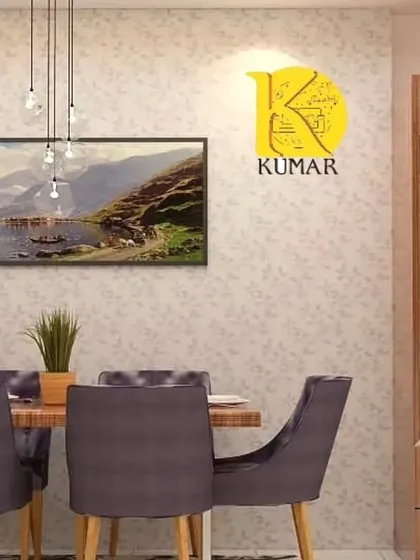 A slightly different angle of the same dining area, showing more of the textured wallpaper and the elegant pooja unit.