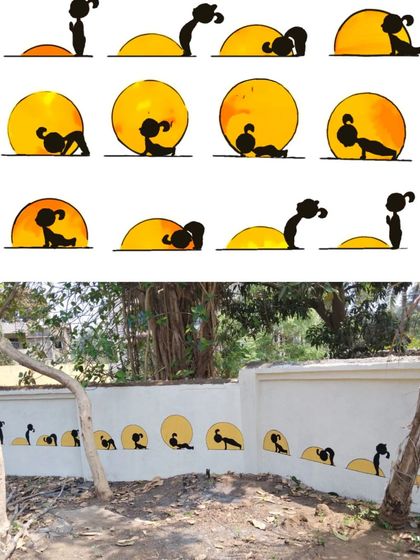 A mural depicting the steps of Surya Namaskar (sun salutation). This is a great way to introduce yoga and mindfulness to students in a visual and accessible format.