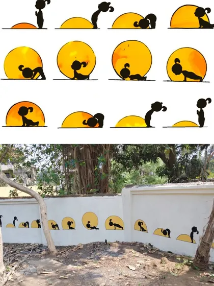 A mural depicting the steps of Surya Namaskar (sun salutation). This is a great way to introduce yoga and mindfulness to students in a visual and accessible format.