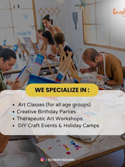 A quick summary of what I specialize in: art classes for all ages, creative birthday parties, therapeutic workshops, and DIY craft events. There's something for everyone.