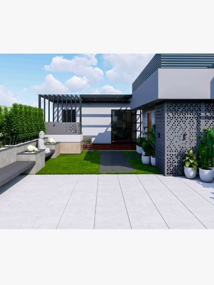 A 3D render of a spacious terrace with a long bench, greenery, and a covered seating area.