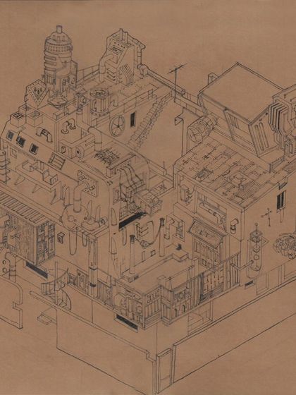 The final drawing on brown paper, which gives it a warm, handmade quality despite its mechanical theme. This piece is a bold, intuitive, and refreshing take on the 1 Shanthi Road space.