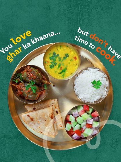 You love ghar ka khaana but don't have time to cook. We get it. Our veg thali with stuffed brinjal, dal, rice, and salad is the perfect solution.