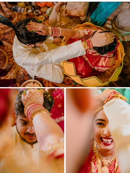 A collage of key moments from a South Indian wedding ceremony, including the heartfelt blessings and joyful rituals.