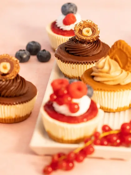 Baby cheesecakes for the win. My egg-free baked cheesecakes in baby cups come with a variety of my favorite toppings, like Nutella, Biscoff, and fresh berry compote.