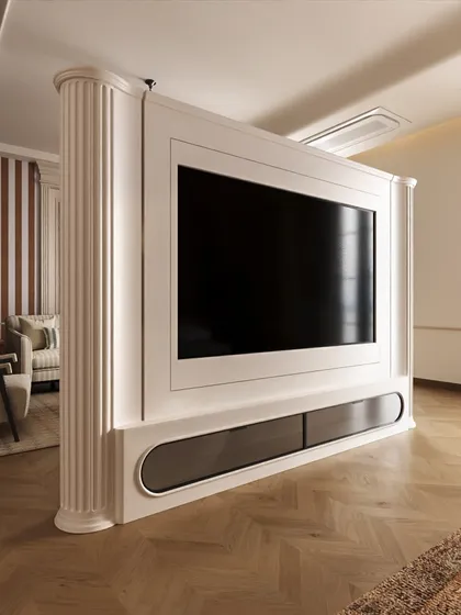 The floating TV unit is supported by a fluted classical column, seamlessly integrating this modern feature into the room's overall neoclassical aesthetic. It's a detail that shows our commitment to cohesive, thoughtful design.