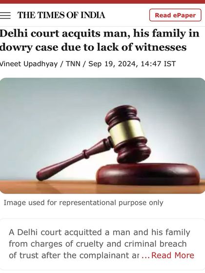 A victory featured in the Times of India. The court acquitted my client and his family in a dowry case after the prosecution failed to produce witnesses, proving the allegations were unsubstantiated.