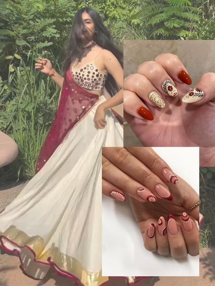 This nail art inspiration was curated to match a beautiful red and white lehenga. The designs feature a mix of red swirls, intricate patterns, and gold accents to tie the whole festive look together.