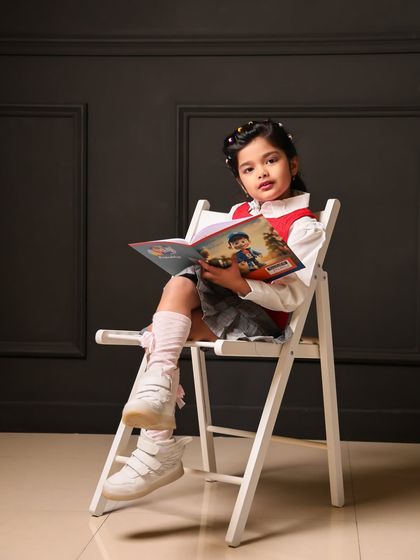 A confident young scholar. This simple setup with a book and chair is great for capturing your child's personality as they grow.
