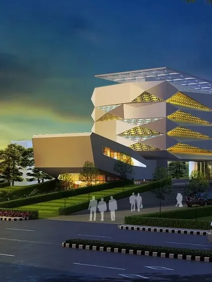 This 3D render shows our design for a modern corporate building. The landscape includes green slopes and trees that integrate the building with its natural surroundings.