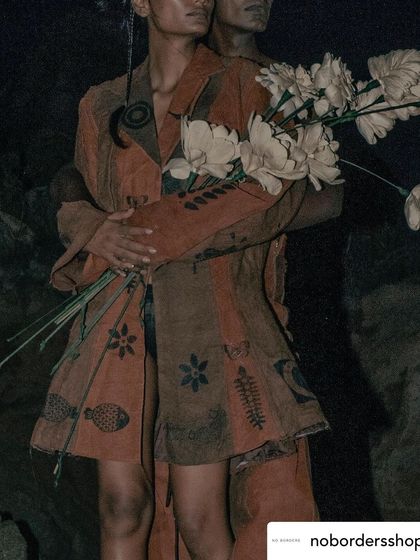 For this collaboration with No Borders, we experimented with printing on rare bark cloth. Our artisans used natural black dye to print nature-inspired motifs onto these statement jackets, bringing two ancient craft worlds together.