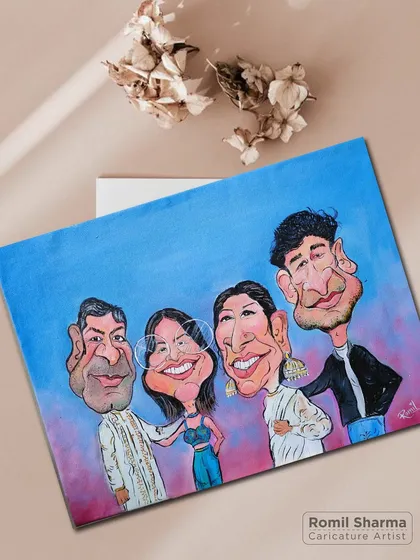 Happy faces with a fun caricature twist! This portrait captures the individual style and personality of each family member, bringing them together in a vibrant and cohesive artwork.