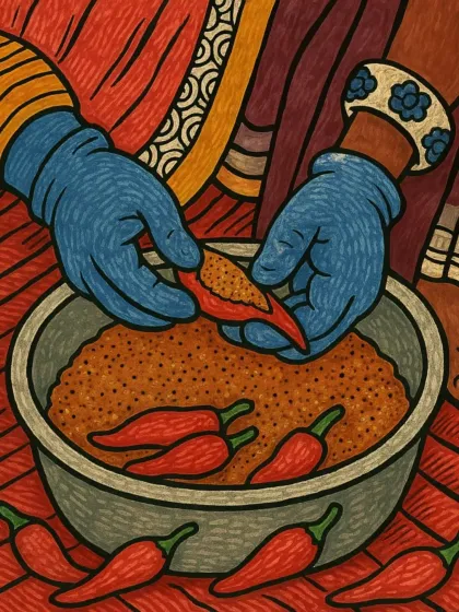 Madhubani Art: Each sun-dried chilli is then carefully stuffed by hand with our special blend of roasted masalas.