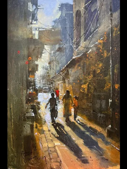 Capturing the play of light and shadow in everyday life is a challenge I love. This acrylic landscape of a street in Shahada was painted as part of a live demonstration, showing how I create atmospheric cityscapes that feel alive.