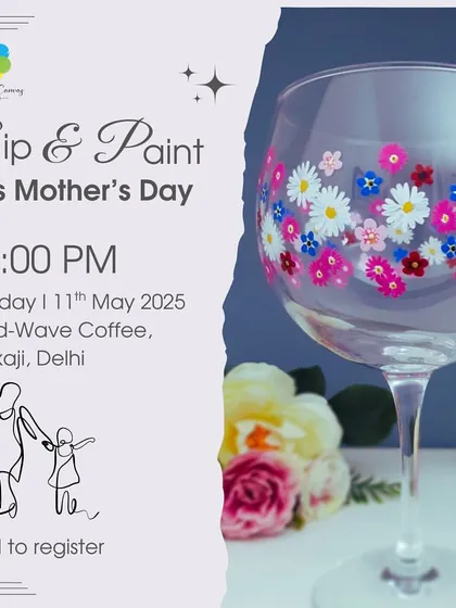 Celebrate Mother's Day with a special sip and paint experience. This poster invited guests to paint a beautiful floral wine glass for or with their moms.