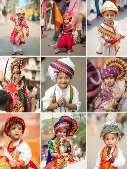 A collage showcasing the vibrant and diverse costumes from a Gudi Padwa street shoot, capturing the festive spirit of the Maharashtrian new year.