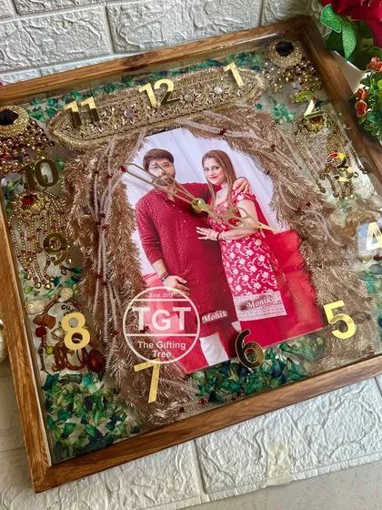 This shot highlights the clock function, with golden numbers and hands elegantly placed over the preserved items.