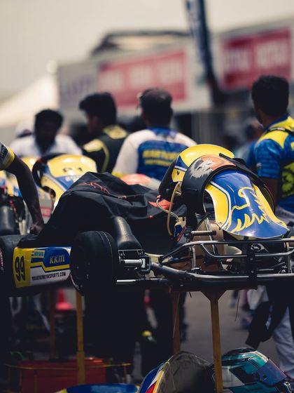 A close-up of our karts lined up in the paddock.