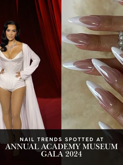 A dramatic, elongated French manicure as seen on Kim Kardashian. This look modernizes a classic style for a high-impact, fashionable statement.