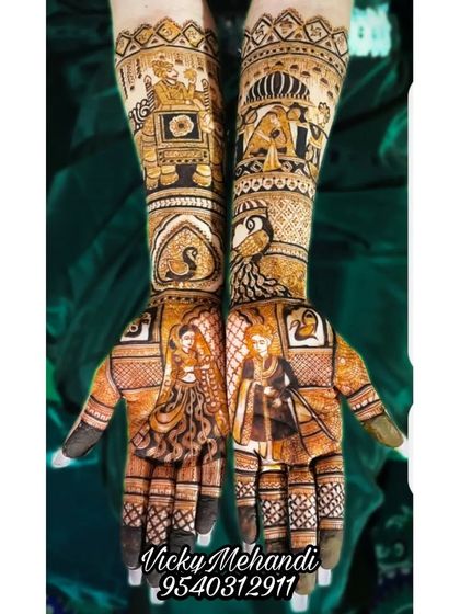 This design shows the bride in her doli on one arm and the groom on the other, ready to begin their new life together. The detail in the portraits is something I take great pride in.