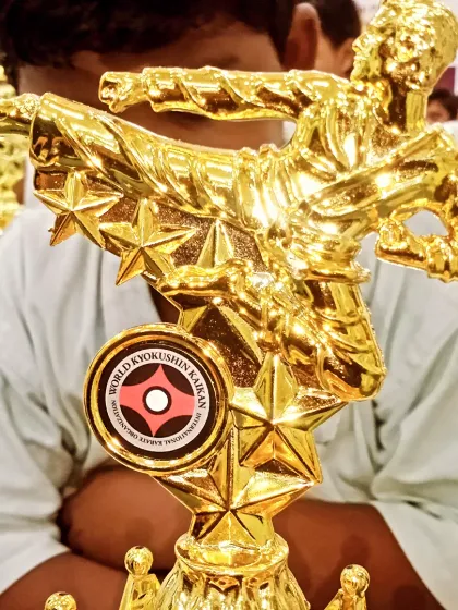 A close-up of the beautiful trophy. The design itself, a karateka in mid-kick, is an inspiration.